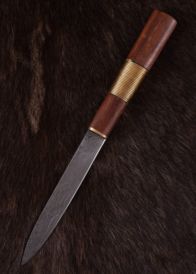 Viking Kniv, Damascus stål klinge og træ/messing greb