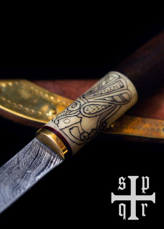 Viking Kniv, Damascus stål klinge og træ/ben greb